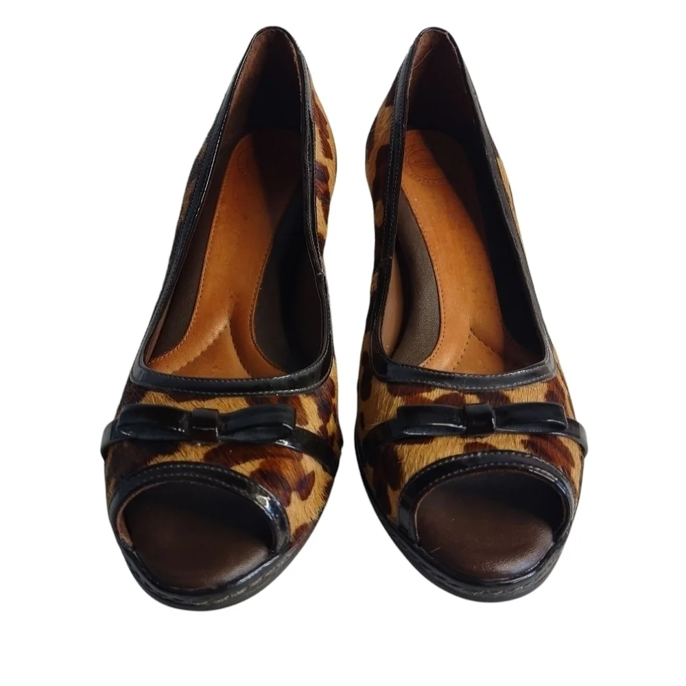 Nurture Women's Leather Calf fur Leopard Peep Toe Pumps Heels Shoes Sz 7.5M